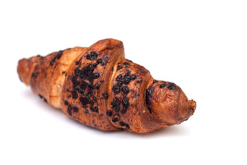 From above of delicious fresh crusty croissant and pieces of dark chocolate composed on a isolated background.