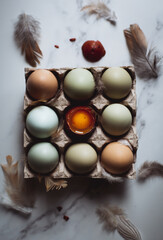 colorful chicken eggs surrounded by feathers