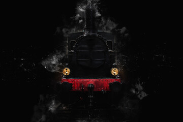 Old steam locomotive on black background Concept of power and transportation