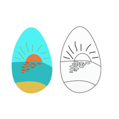 An illustration of two eggs with a picture of a sunrise isolated on white background. One egg is colored, another is black and white. Designed as a coloring book page for adults and kids.