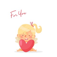 Cute baby Girl Angels valentines day. Vector illustration. 
