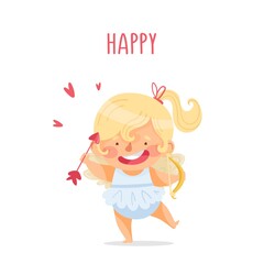 Happy cute baby girl angel. Valentine's Day card. Vector illustration