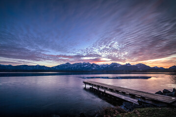 Winter sunset at lake hopfensee in fuessen