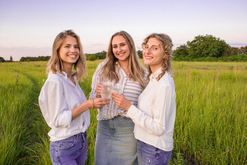 Girlfriends on picnic in green grass field. They drinking champagne outdoors. Girls laugh and enjoy