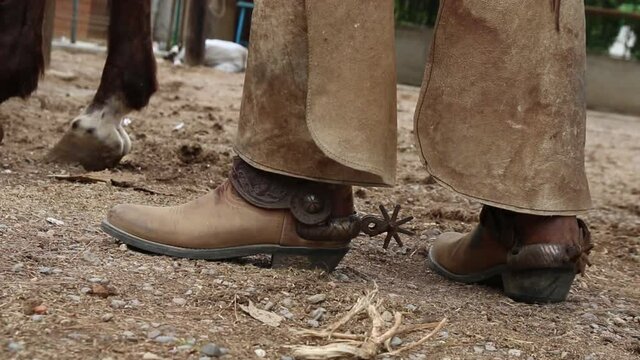 Cowboy boots and spurs. A cowboy arrives on horseback. A cowboy gets off his horse with his boots and spurs. A cowboy dismounts from his horse and shows his boots, chaps and spurs