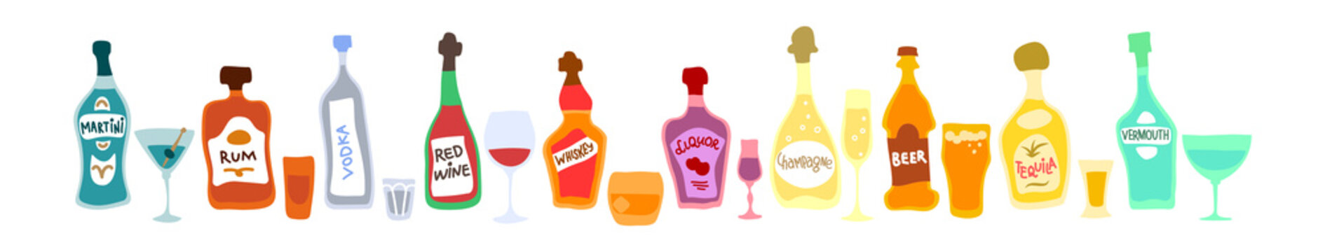 Collection bottle and glass in row. Freehand doodle style on white background. Colored cartoon sketch. Hand drawn image. Beer champagne red wine liquor vodka martini vermouth whiskey rum tequila