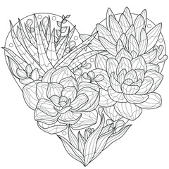 Heart shaped succulents.Coloring book antistress for children and adults. Illustration isolated on white background.Zen-tangle style. Black and white illustration.Hand draw