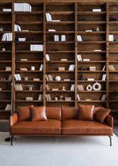Room with comfortable couch and books on bookshelves