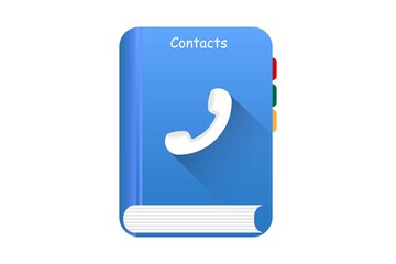 Phone contacts symbol icon, with a phone receiver, blue book on a white background, notebook with phone numbers, support service icon. Vector ESP10