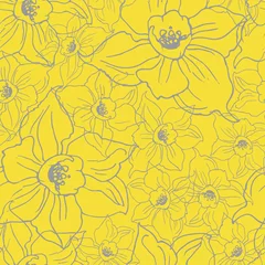 Rolgordijnen Floristic seamless pattern with outline gray daffodil flowers in full bloom on yellow illuminating. Colors trend hand drawn vector graphic. Template for textile, wallpaper, bedding, floral design. © Rina Ka