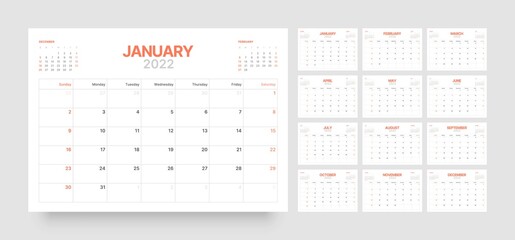 Monthly calendar template for 2022 year. Week Starts on Sunday. Wall calendar in a minimalist style.