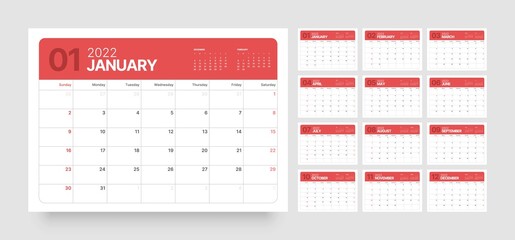 Wall or desk calendar template for 2022 with week start on Sunday.