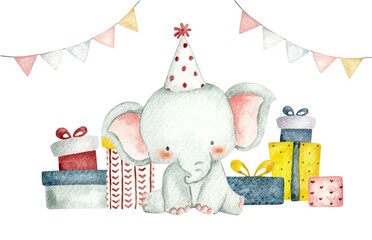 Birthday card with elephant and gifts