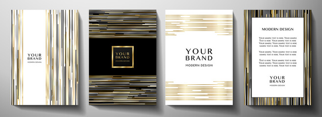 Modern black cover design set. Luxury creative line pattern in premium colors: black, gold, silver and white. Formal vector layout background for notebook cover, business poster, brochure template
