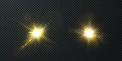 The sun is shining bright light rays with realistic glare. Light star on a transparent black background. Light star gold png. Light sun gold png. Light flash gold png. Powder png.	
