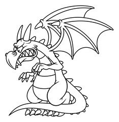 Line art illustration of angry fantasy dragon with wings in cartoon style. Image for kids and children coloring book or page. Unpainted outline drawing on white background. Mascot character.