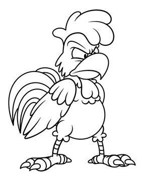 Line art illustration of angry chicken or rooster. Farm animal in cartoon style. Image for kids and children coloring book or page. Unpainted outline drawing on white background. Mascot character.