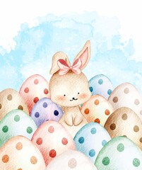 Happy Easter bunny with eggs