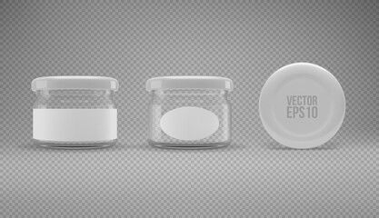 Set of small glass jam jar with a lid. A transparent jar with a white lid and labels. Realistic 3D illustration. Vector
