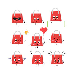 Set, collection of cute and funny cartoon shopping bag character.vector