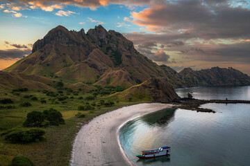 beautiful landscape of Padar Island and Gili Lawa Island in the sunset time. Both of the islands located in komodo islands in labuan Bajo Indonesia. This is also the UNESCO international heritage.  © alfin