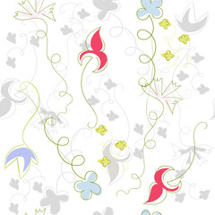 Vector seamless pattern of abstract colors, flowers drawn by hand curls, lines and dots for printing, fabrics