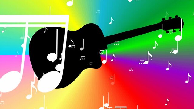 Musical abstract video with guitar silhouette and flying white musical notes on multicolored rainbow gradient background. 4k abstract movie