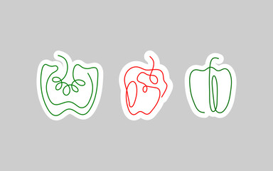 Sticker one line art style bell pepper. Abstract creative food in minimalism design. Hand drawn vector illustration. 