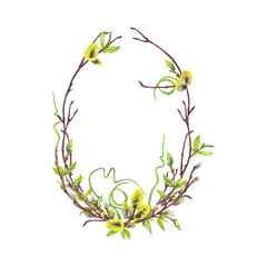 Spring egg wreath of pussy willow branches, blooming twigs with buds and young green grass. Easter or wedding decor. Watercolor hand painted isolated elements on white background.

