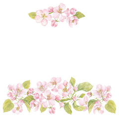 Floral watercolor frame with blooming apple tree branches on white. Invitation, greeting card or an element for your design.