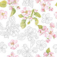Seamless pattern with blooming apple tree branches on white. Watercolor and Line Art. Floral background. Perfect for design templates, wallpaper, wrapping, fabric and textile.