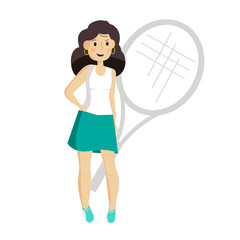 Pretty young tennis player stands with her hips propped up. Female character sportswoman, on the background tennis racket. Cute cartoon vector illustration in flat style.
