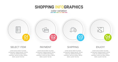 Obraz premium Concept of shopping process with 4 successive steps. Four colorful graphic elements. Timeline design for brochure, presentation, web site. Infographic design layout.