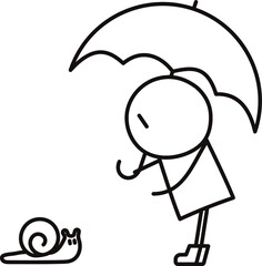 カタツムリに出会った雨の日に傘を持っている人のベクターイラスト性別なし