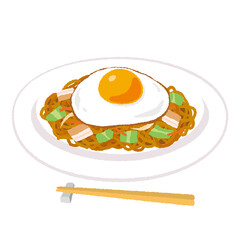 目玉焼きのせ焼きそばのイラスト