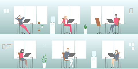 People in face masks working in open space office. Vector illustration.