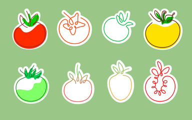 Sticker one line art style tomatoes. Abstract creative food in minimalism design. Hand drawn vector illustration.