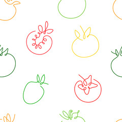 One line art style tomatoes seamless pattern. Abstract creative food in minimalism design. Hand drawn vector illustration.