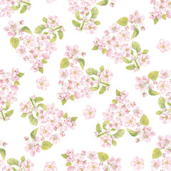 Seamless pattern with blooming apple tree branches on white. Heart shaped elements. Floral watercolor background. Perfect for design templates, wallpaper, wrapping, fabric and textile.