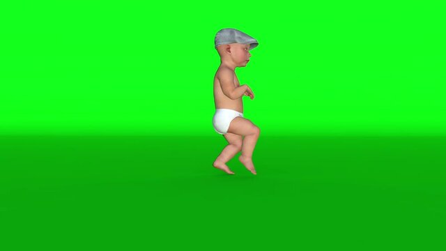 Baby with pampers tiptoe sneaking, side view, Green Screen