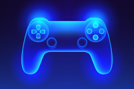 Neon glowing gamepad on blue background. Vector illustration