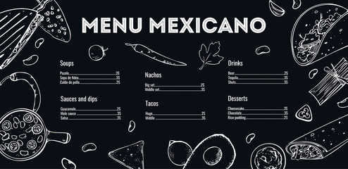 Menu mexicano design template. List of dishes and outline illustrations. Hand drawn vector sketch graphic. Black on white background