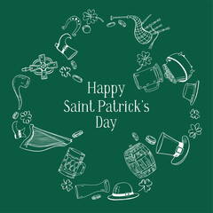Saint Patrick's Day frame template in the shape of shamrock. Traditional objects - hat, harp, beer, bagpipes, pot. Hand drawn outline vector sketch illustration