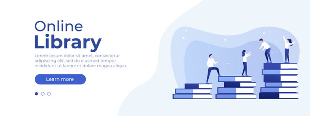 Online library concept. Vector layout for website page. Illustration in flat style with people and books. Home page layout or for your design. Flat isometric vector illustration EPS 10