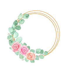 Watercolor frame with pink roses, eucalyptus branches and gold geometric elements, isolated on a white background.