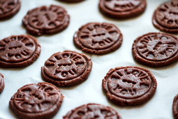 Food pattern. Raw chocolate cookies with sign I love you. Top view. Flat lay. Valentines day celebration concept