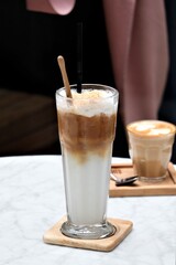 A close up of iced coffee capucino