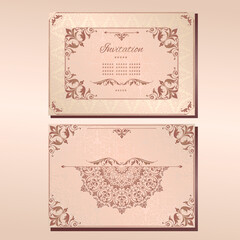Vintage background mandala business card invitation with golden lace ornaments and art deco floral decorative elements