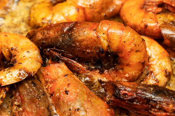 Delicious roasted grilled shrimps background