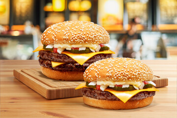 Delicious Double Cheese Beef Burger consists of Bun Bread Patty Pickle Onion Mayonaisse Ketchup...